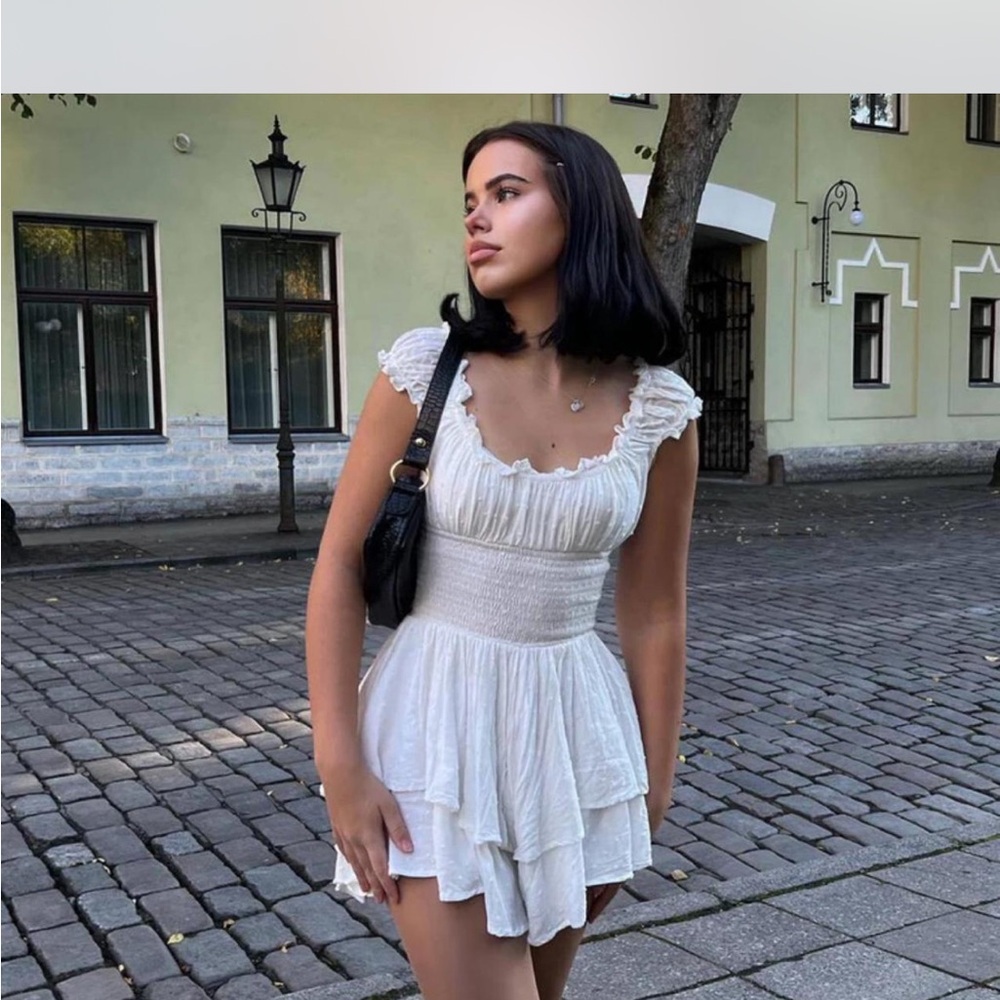 Princess Polly White Mini Babydoll Dress with Tiered Skirt and Flutter Sleeves